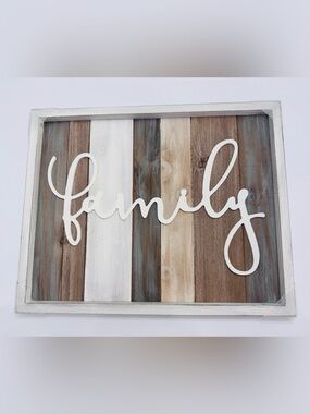 Kohl's White Script 'Family' Wall Art on Weathered Wood Planks size 20x16”